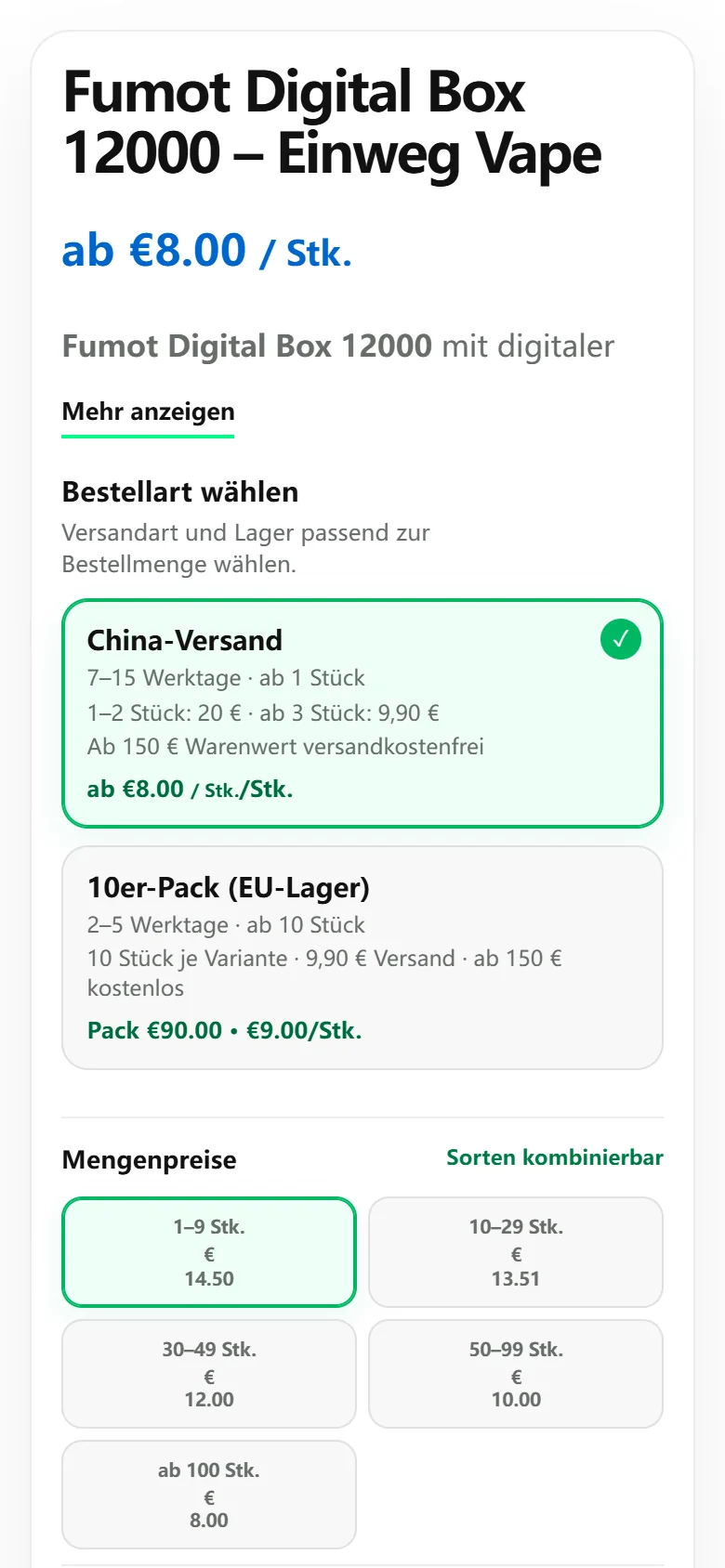 Mobile Produktseite der Fumot Digital Box 12000 mit Bestellart und Mengenpreisen