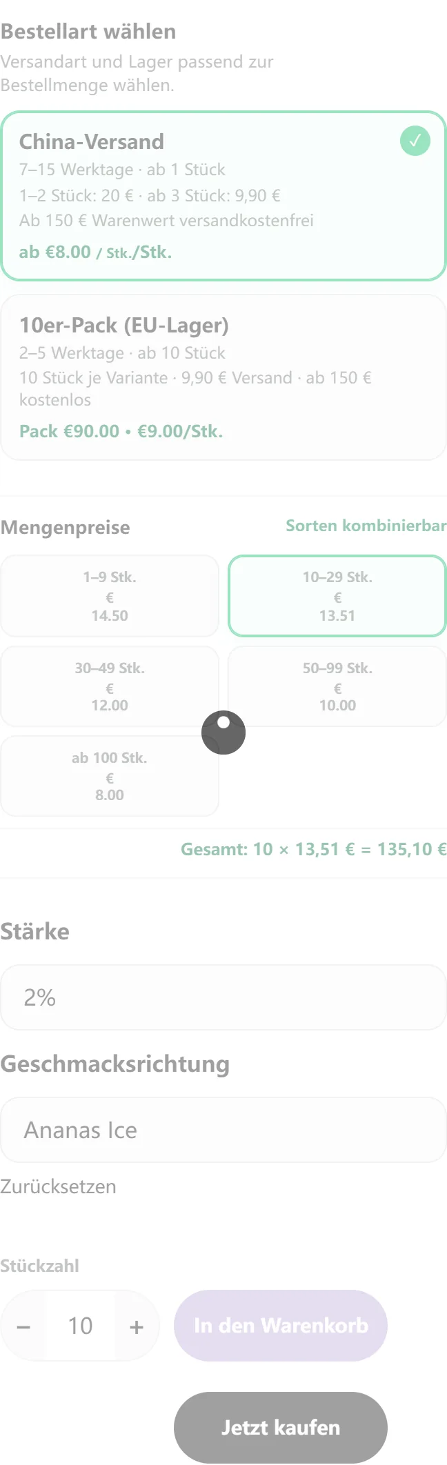 Stärke und Geschmacksrichtung auf der mobilen Produktseite auswählen