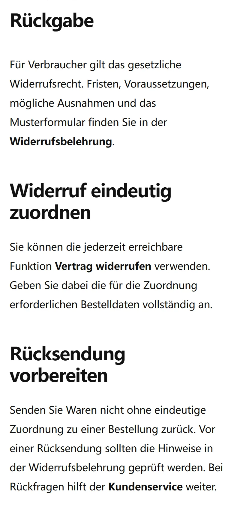 Mobile Rückgabeseite von vapes-shop.de mit Widerrufs- und Rücksendehinweisen