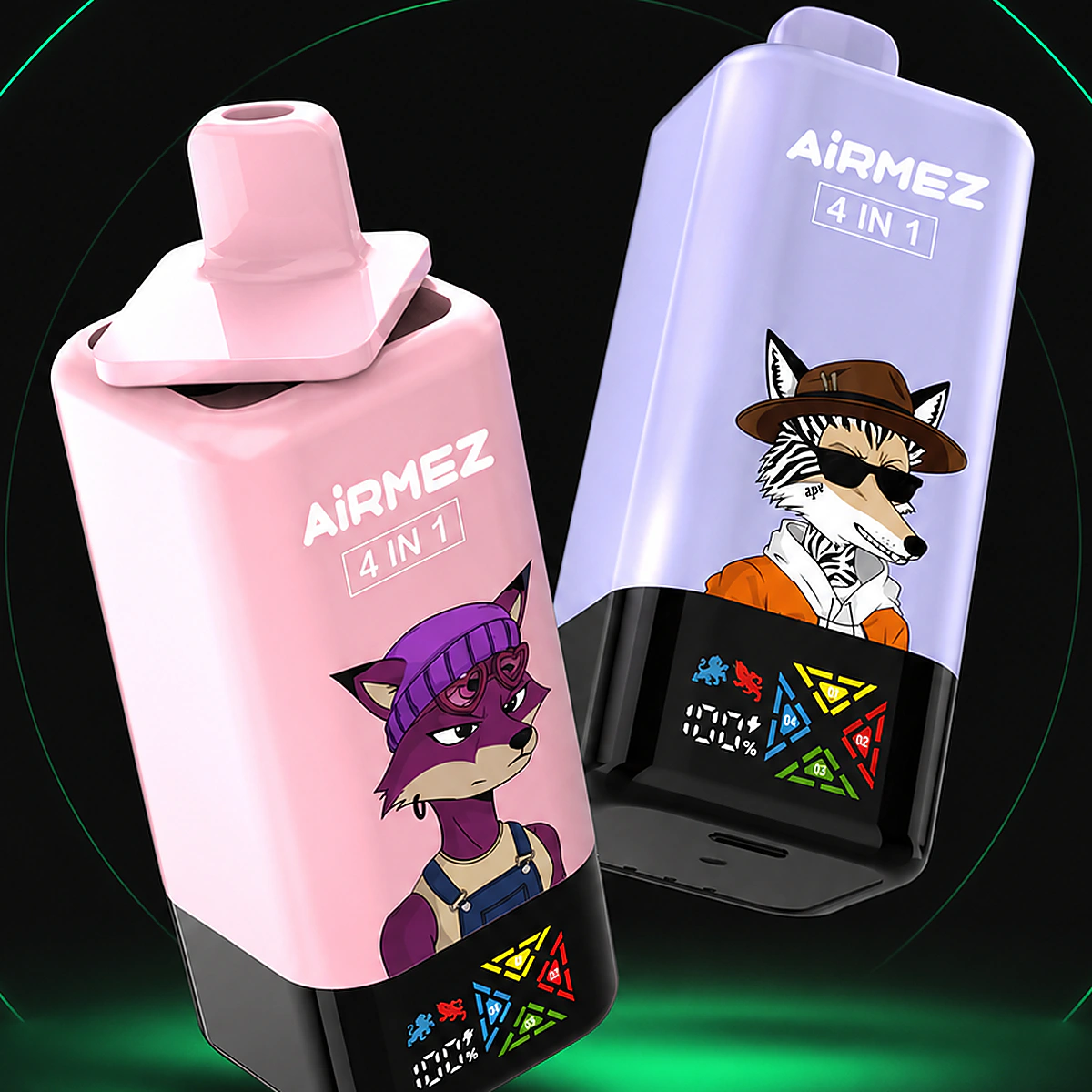 Airmez Fox 4in1 120000 – Einweg Vape Produktansicht 3 auf dunklem Hintergrund