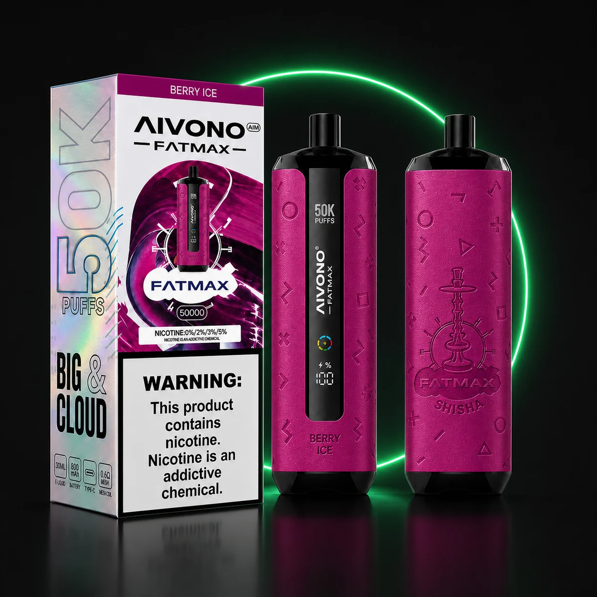 AIVONO AIM FATMAX 50000 Beeren-Eis mit Verpackung auf dunklem Hintergrund