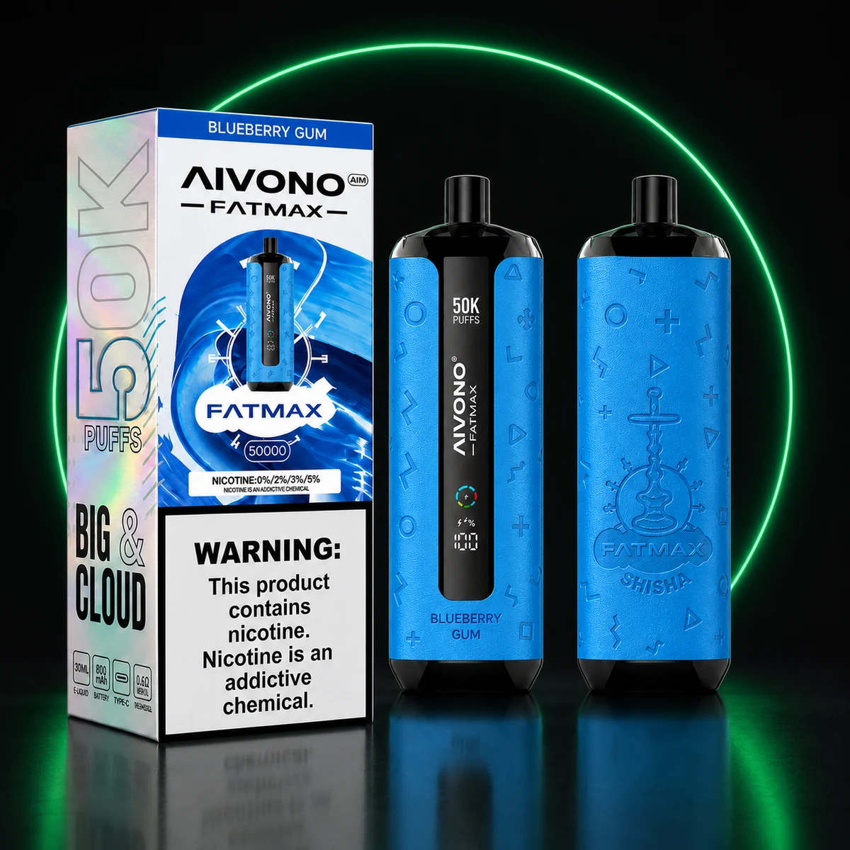 AIVONO AIM FATMAX 50000 Blaubeer-Kaugummi mit Verpackung auf dunklem Hintergrund