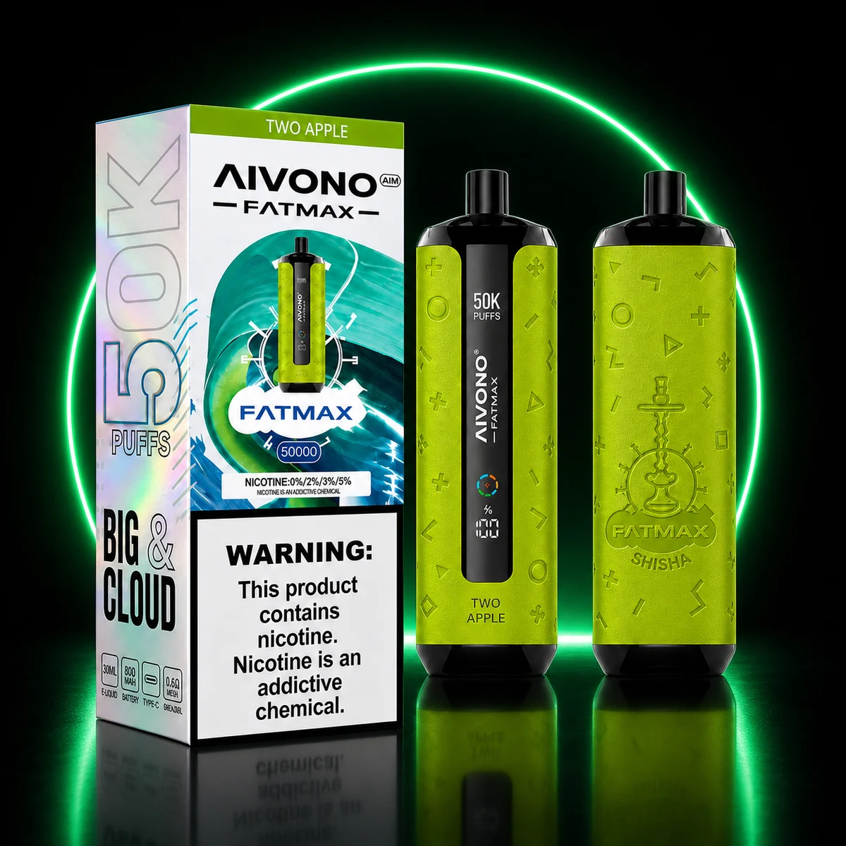 AIVONO AIM FATMAX 50000 Doppelter Apfel mit Verpackung auf dunklem Hintergrund