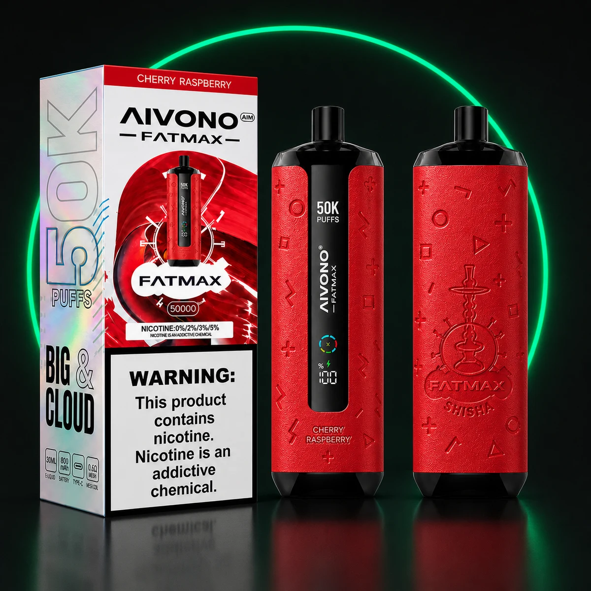 AIVONO AIM FATMAX 50000 Kirsche-Himbeere mit Verpackung auf dunklem Hintergrund