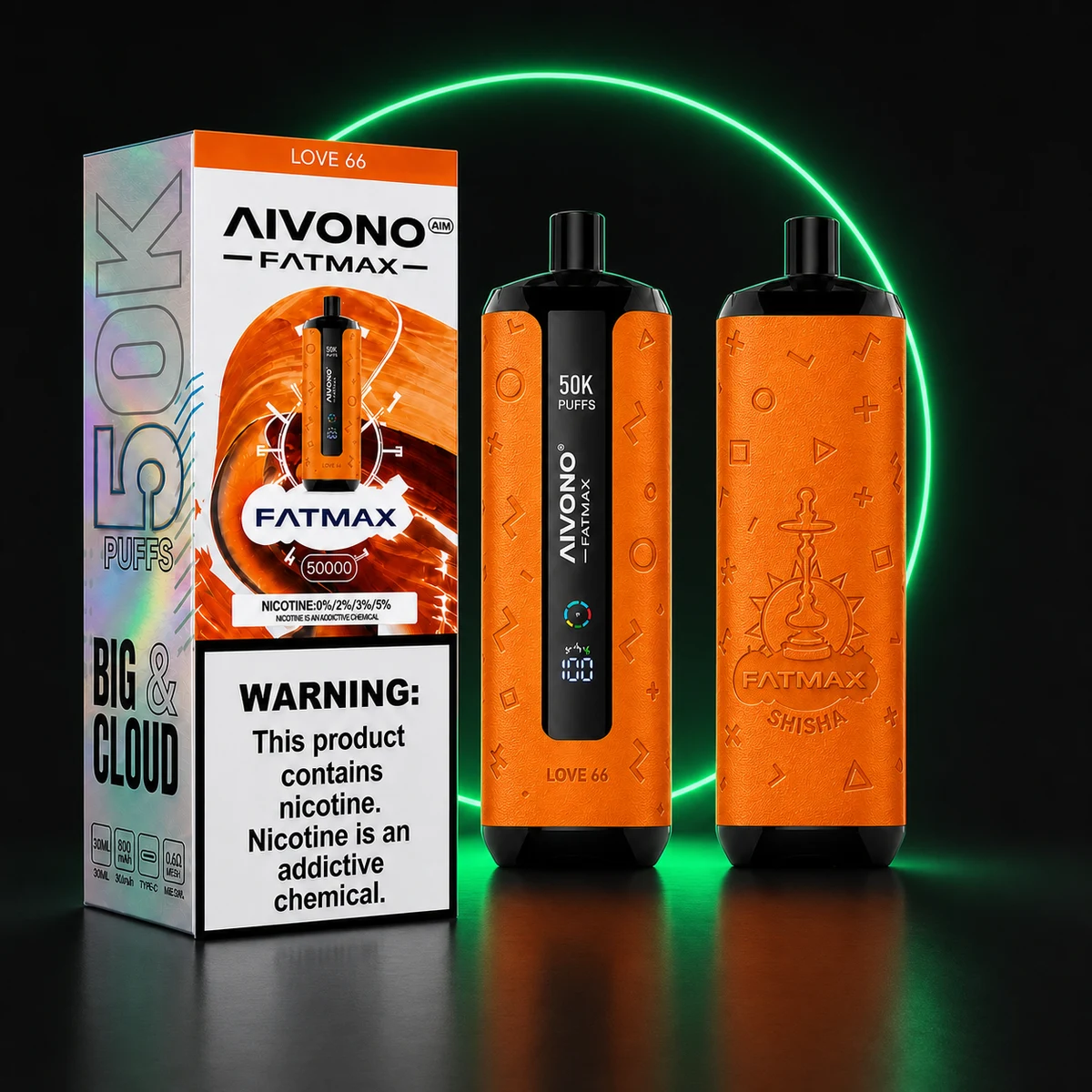 AIVONO AIM FATMAX 50000 Love 66 mit Verpackung auf dunklem Hintergrund