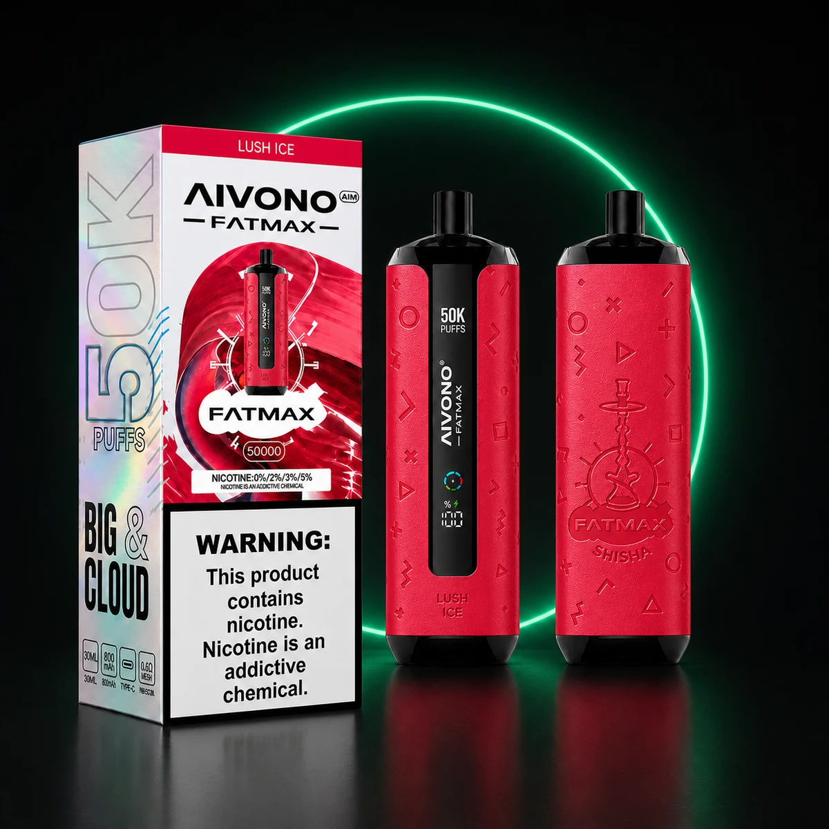 AIVONO AIM FATMAX 50000 Lush Ice mit Verpackung auf dunklem Hintergrund