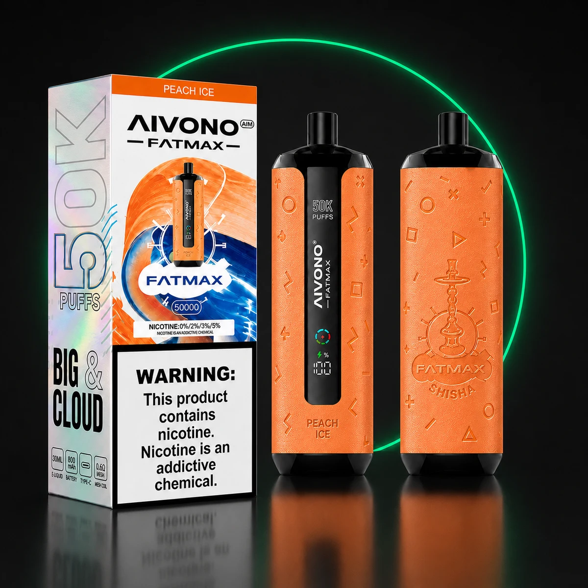 AIVONO AIM FATMAX 50000 Pfirsich-Eis mit Verpackung auf dunklem Hintergrund