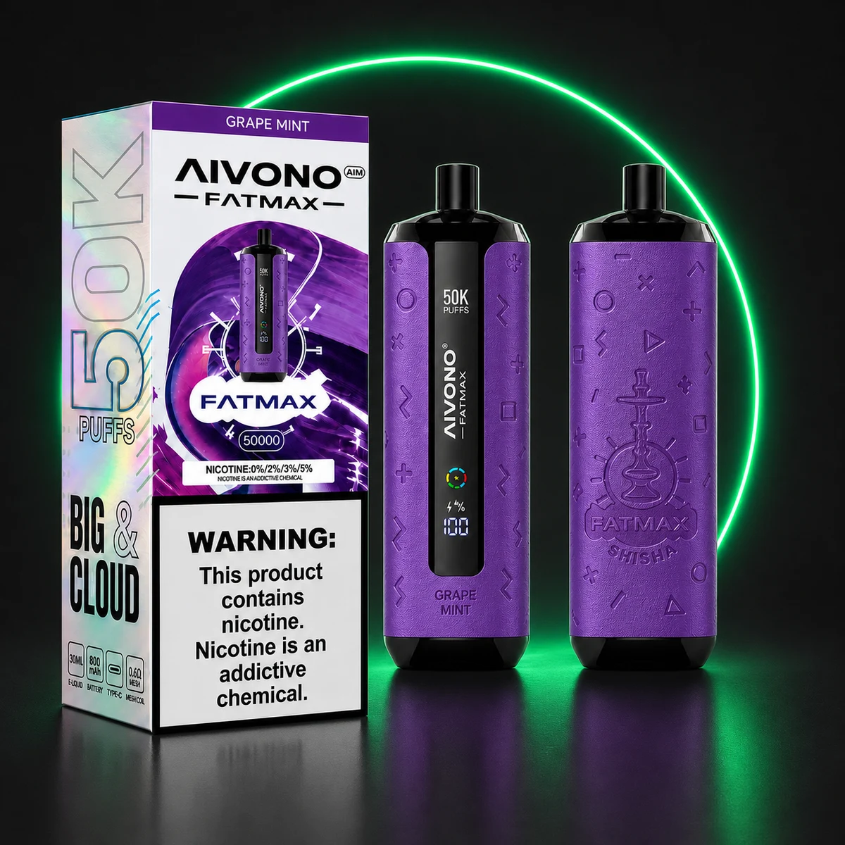 AIVONO AIM FATMAX 50000 Traube-Minze mit Verpackung auf dunklem Hintergrund