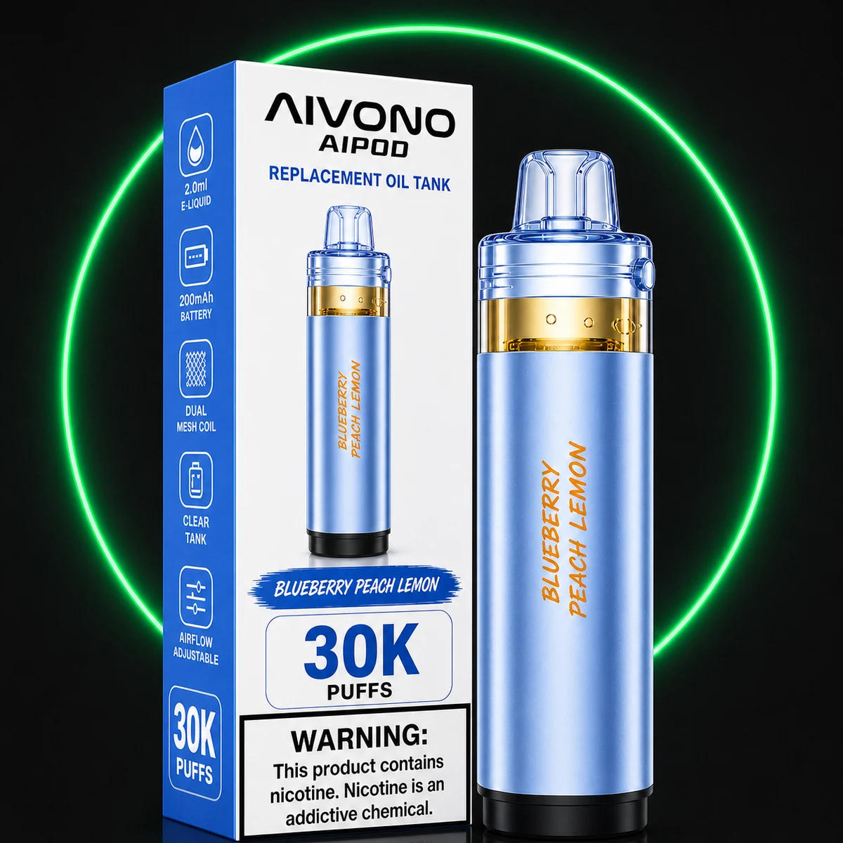 AIVONO AIPOD 30000 Ersatz-Pod Blaubeere Pfirsich Zitrone mit Verpackung auf dunklem Hintergrund