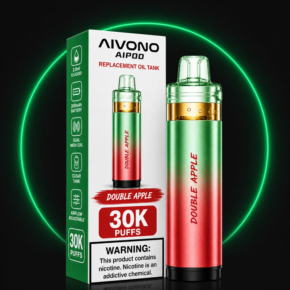 AIVONO AIPOD 30000 Ersatz-Pod Doppelter Apfel mit Verpackung auf dunklem Hintergrund