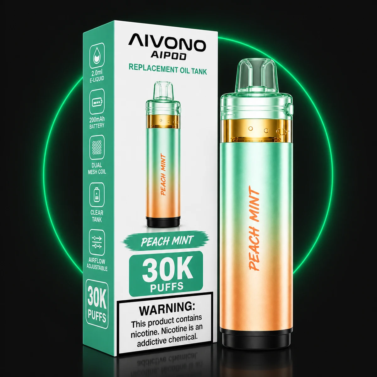 AIVONO AIPOD 30000 Ersatz-Pod Pfirsich Minze mit Verpackung auf dunklem Hintergrund