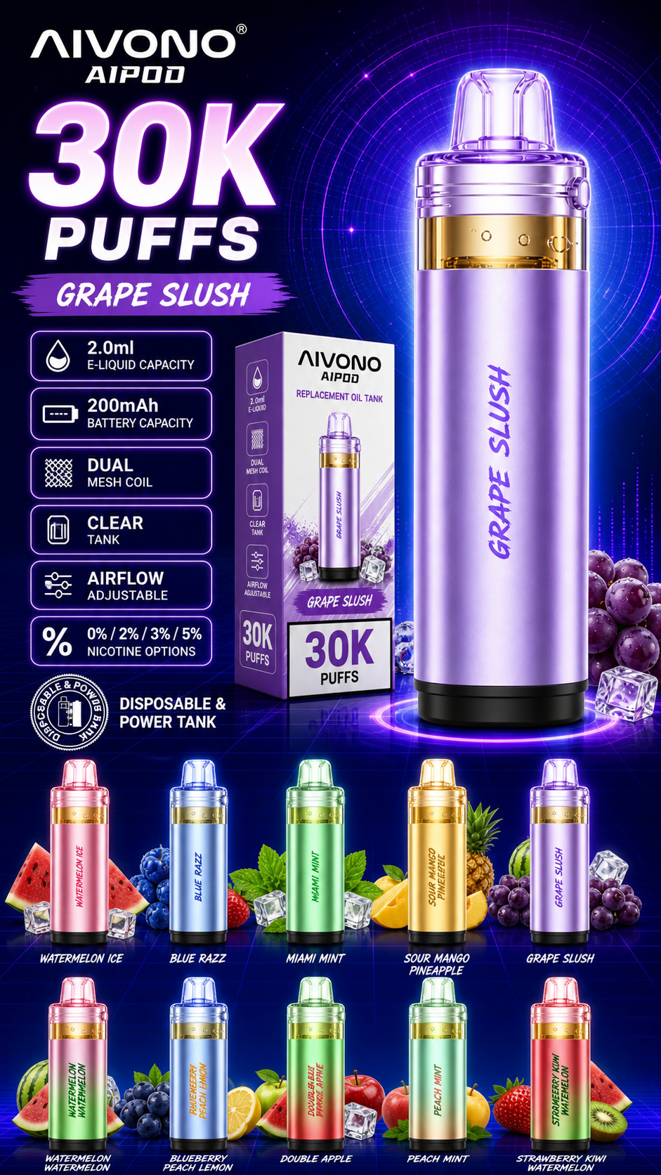 AIVONO AIPOD 30000 Ersatz-Pod Sorten und technische Daten für Trauben-Slushie