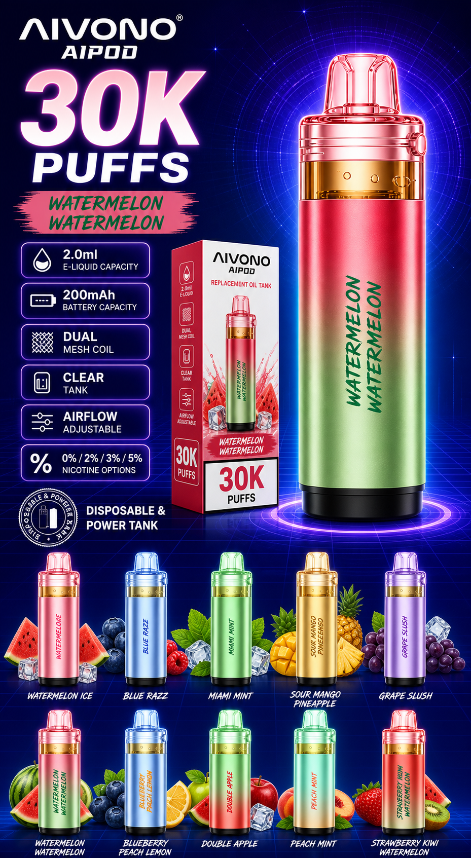 AIVONO AIPOD 30000 Ersatz-Pod Sorten und technische Daten für Wassermelone