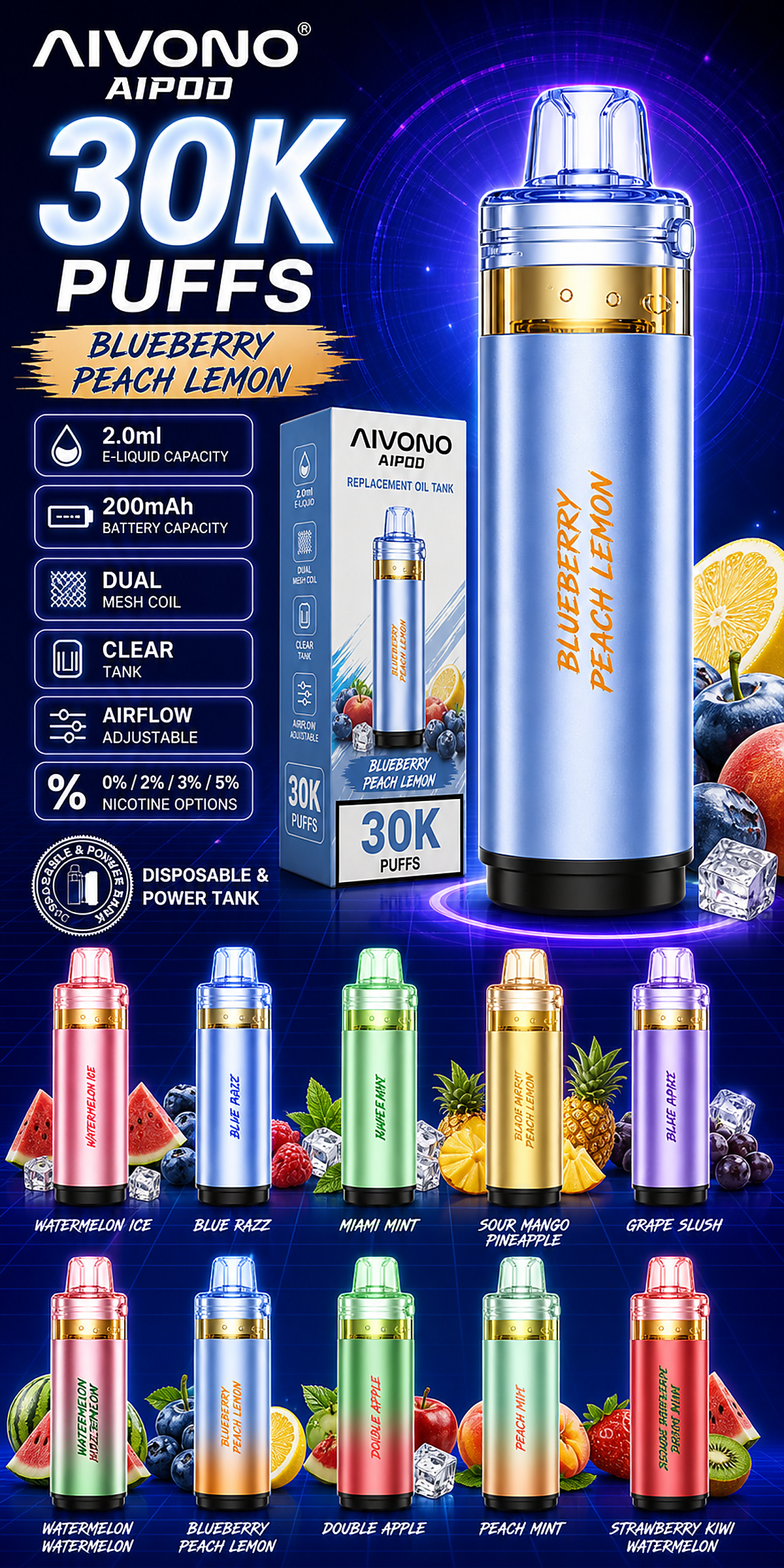 AIVONO AIPOD 30000 Ersatz-Pod Sorten und technische Daten für Blaubeere Pfirsich Zitrone