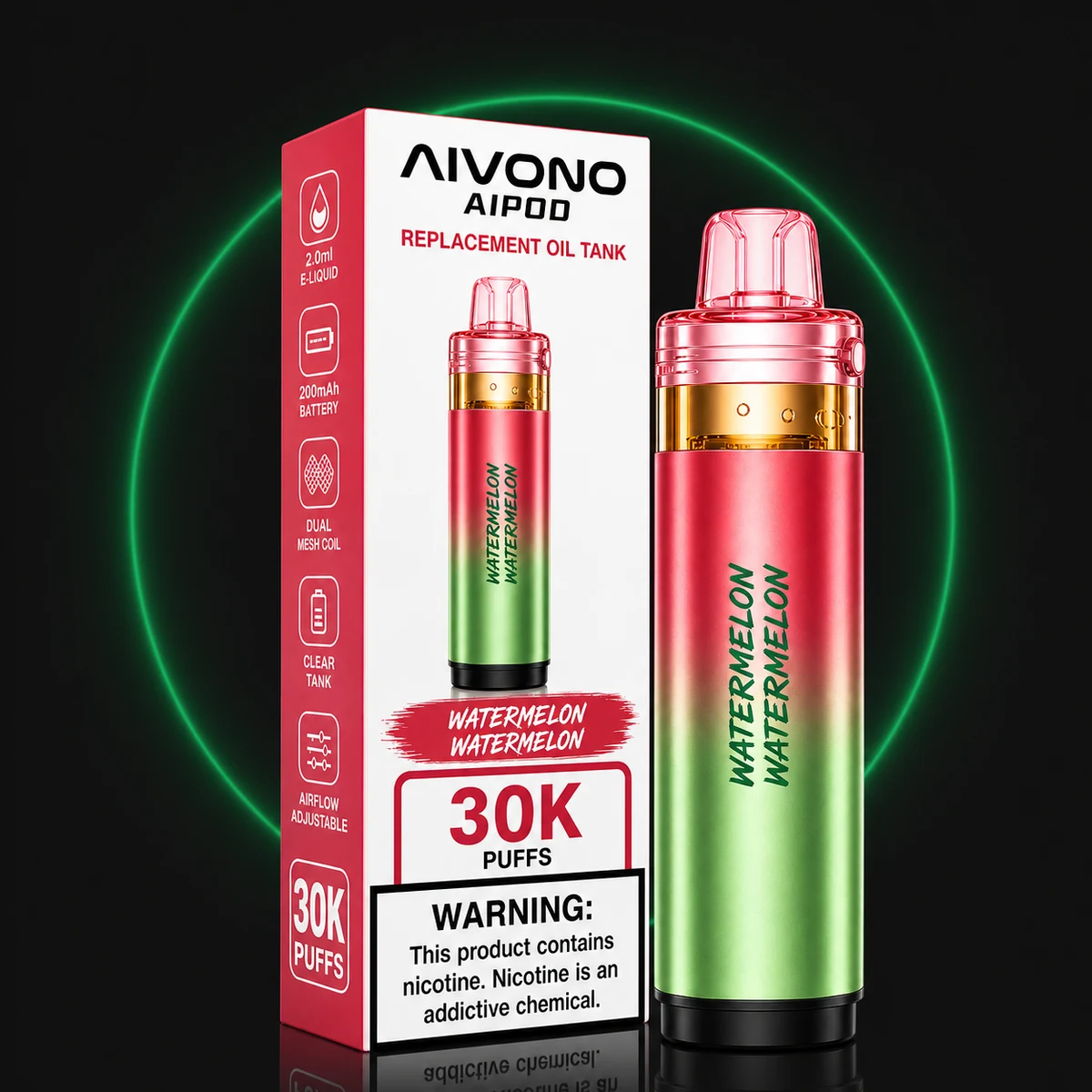 AIVONO AIPOD 30000 Ersatz-Pod Wassermelone mit Verpackung auf dunklem Hintergrund