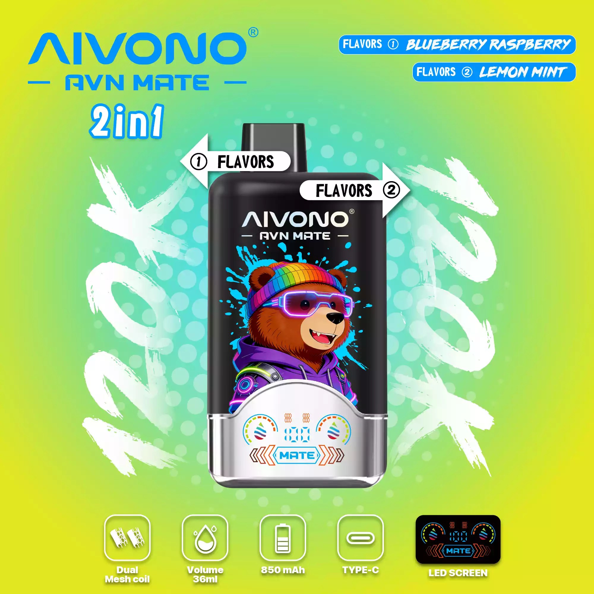 AIVONO AVN MATE 120000 2in1 – Blaubeere Himbeere und Zitrone Minze