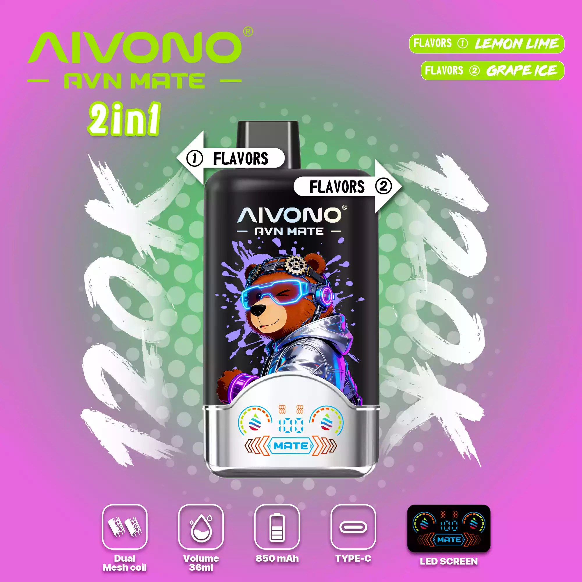 AIVONO AVN MATE 120000 2in1 – Geschmackskombination Zitrone Limette und Traube Ice