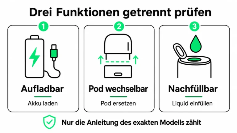 Drei getrennte Vape-Funktionen: Akku laden, Pod ersetzen und Liquid nur an einer vorgesehenen Öffnung einfüllen