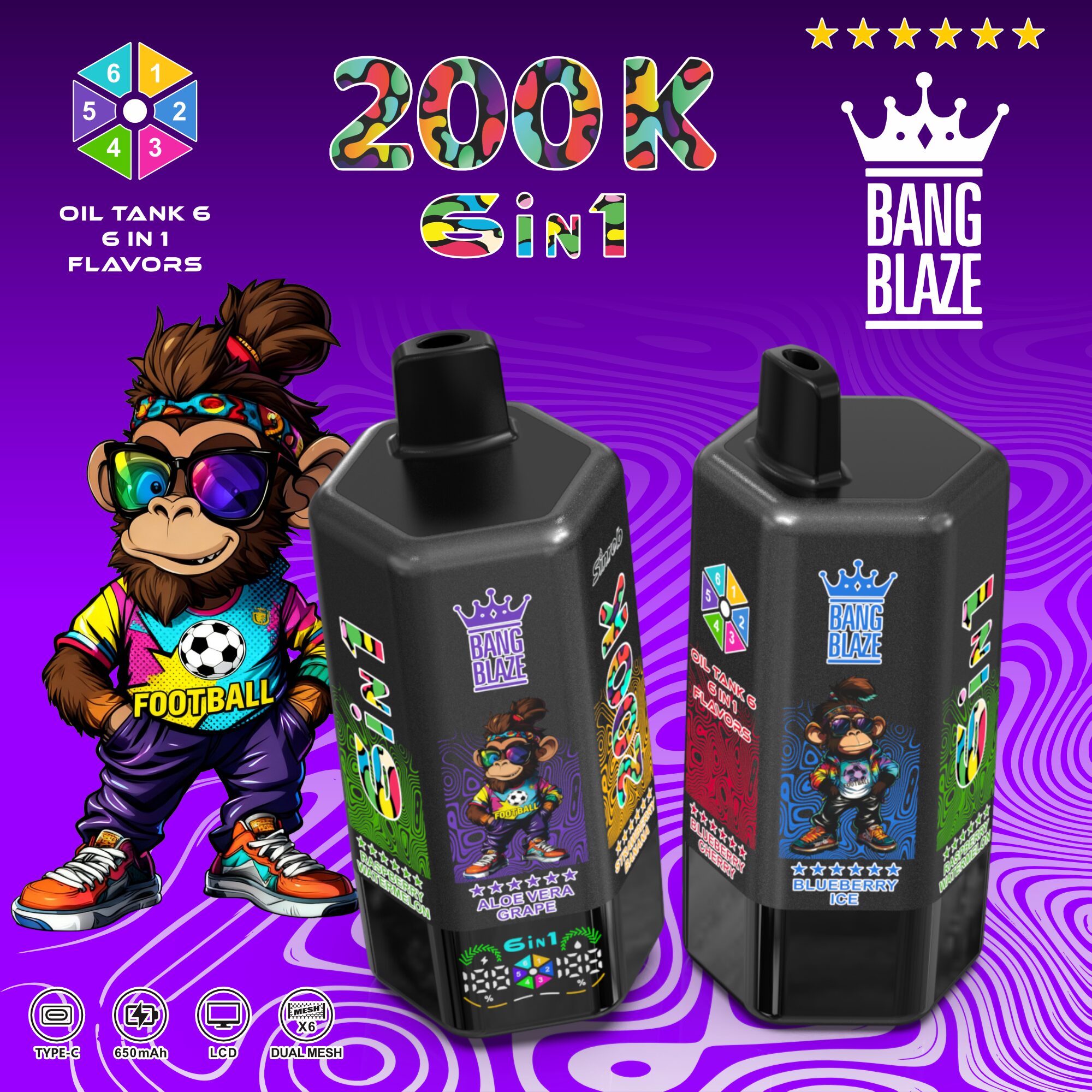 Bang Blaze 200000 6in1 Einweg Vape mit Geschmacksübersicht 1