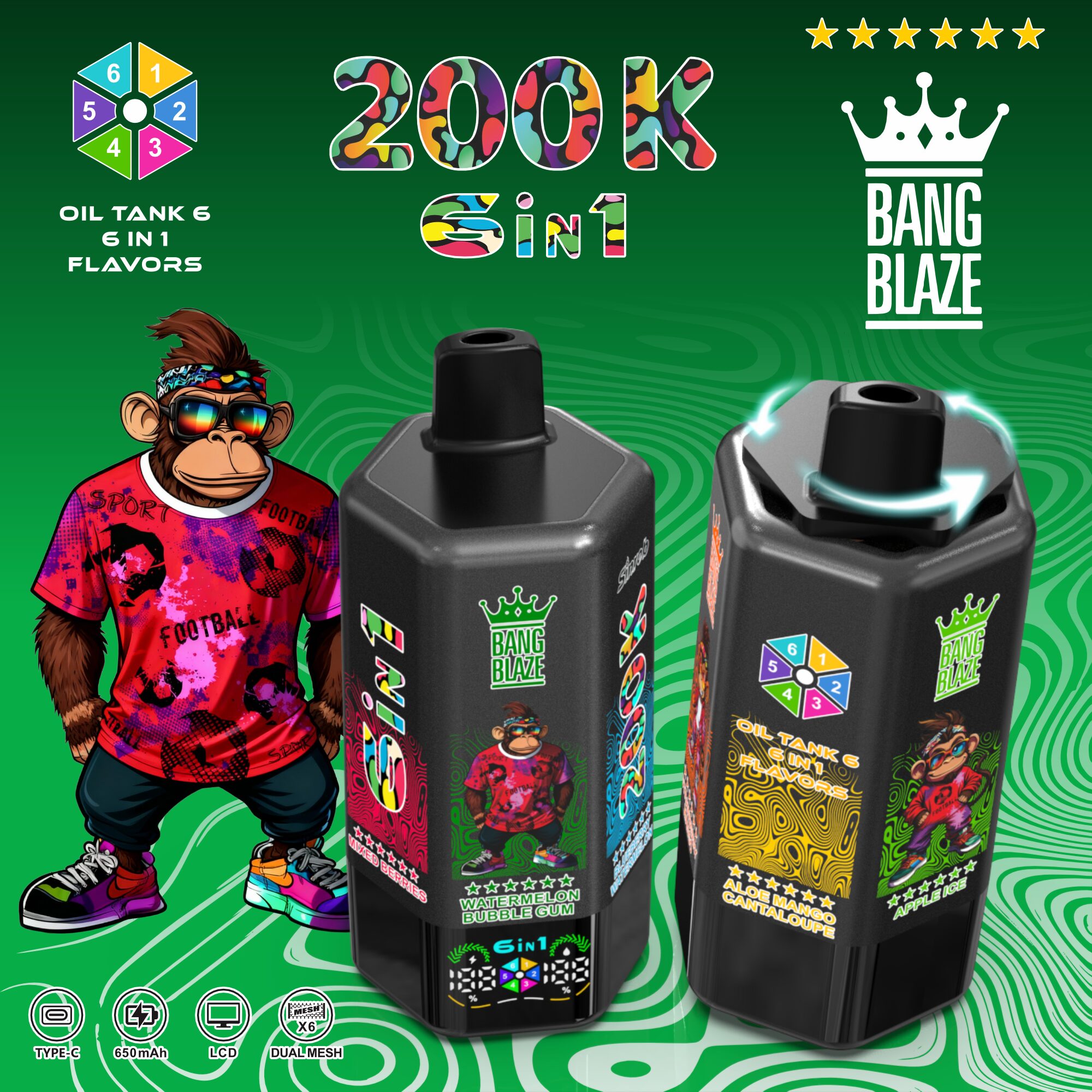 Bang Blaze 200000 6in1 Einweg Vape mit Geschmacksübersicht 6