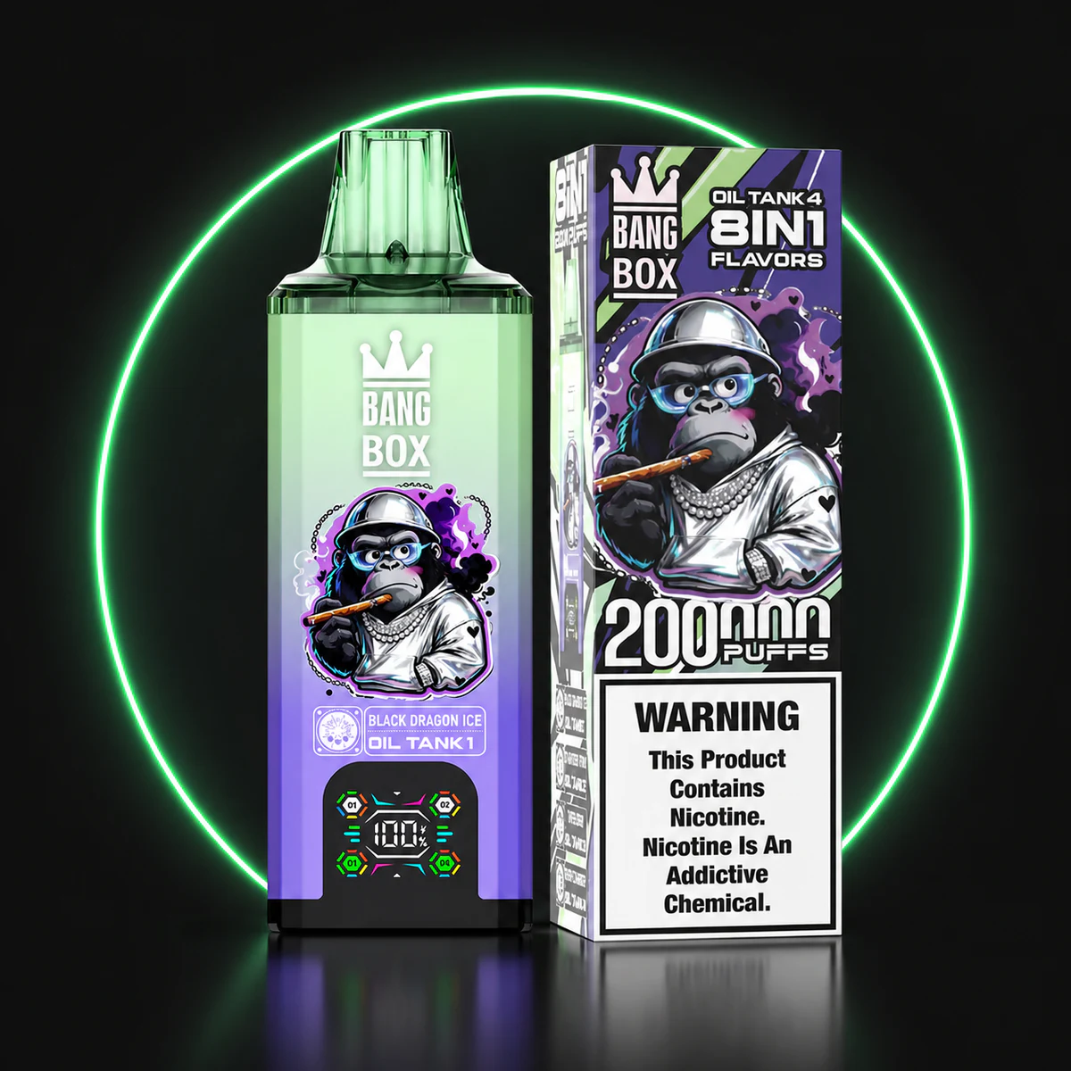 Bang Box 200000 8in1 Black Dragon Ice Gerät und Verpackung auf dunklem Hintergrund
