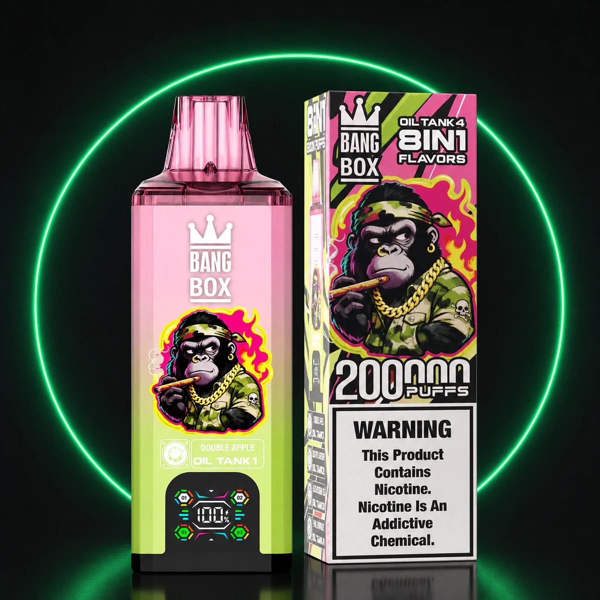 Bang Box 200000 8in1 Doppelter Apfel mit Verpackung auf dunklem Hintergrund