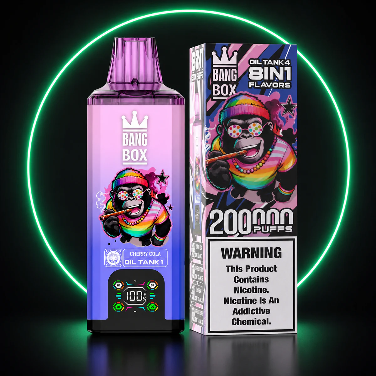 Bang Box 200000 8in1 Kirsch-Cola mit Verpackung auf dunklem Hintergrund