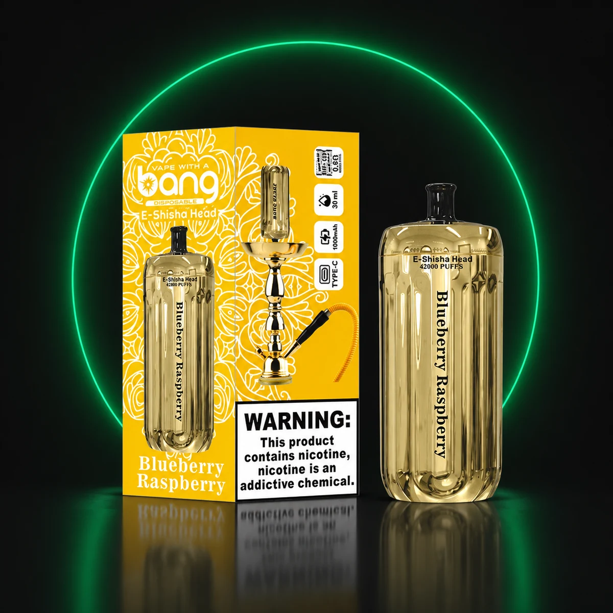BANG E-Shisha Head 42000 Gold Blaubeere-Himbeere mit Verpackung auf dunklem Hintergrund