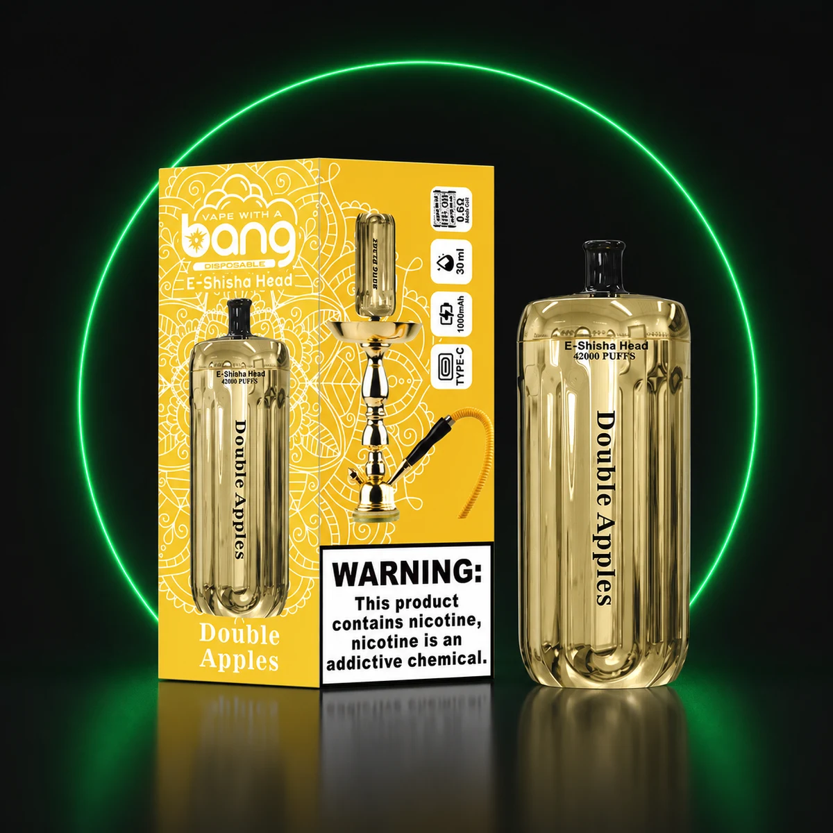 BANG E-Shisha Head 42000 Gold Doppelter Apfel mit Verpackung auf dunklem Hintergrund