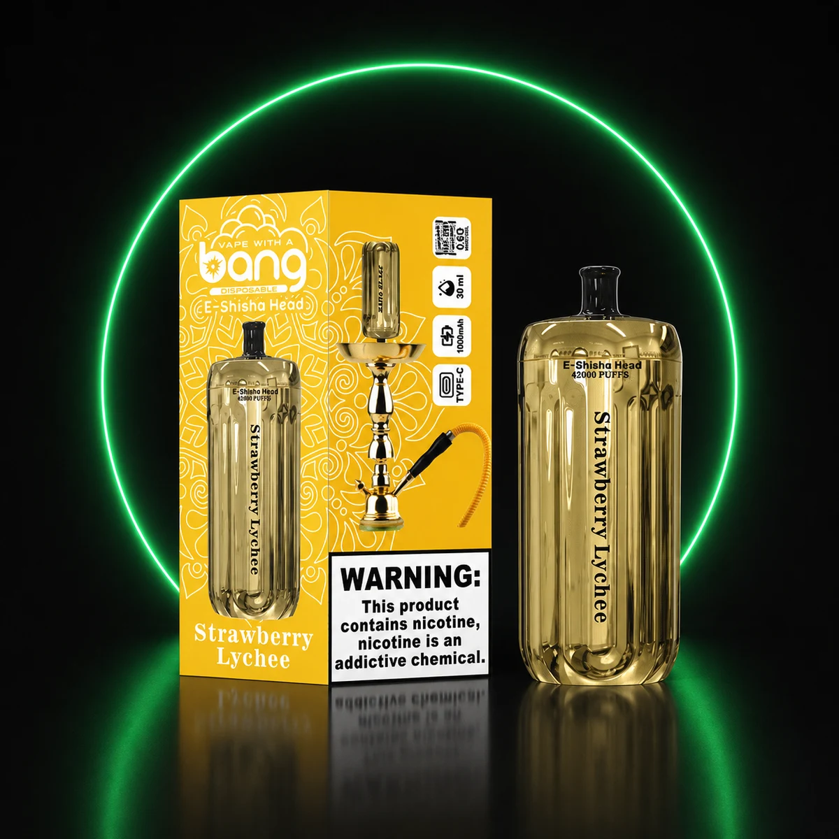 BANG E-Shisha Head 42000 Gold Erdbeere-Litschi mit Verpackung auf dunklem Hintergrund