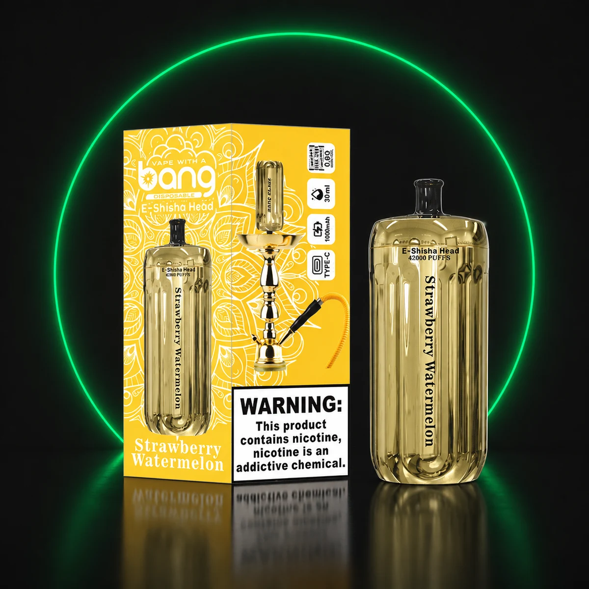 BANG E-Shisha Head 42000 Gold Erdbeere-Wassermelone mit Verpackung auf dunklem Hintergrund