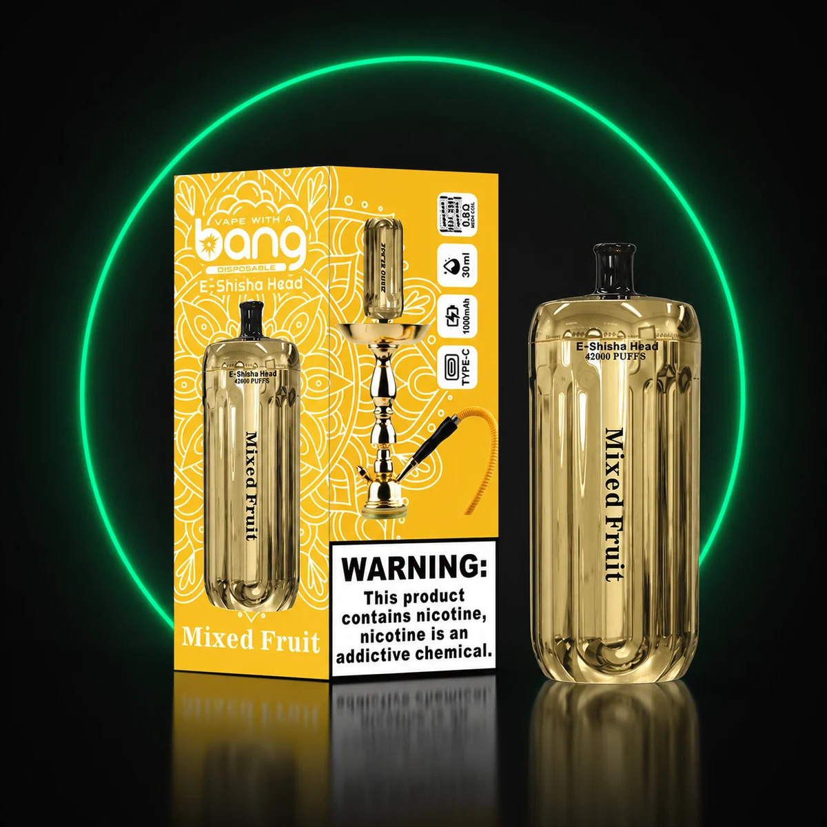 BANG E-Shisha Head 42000 Gold Gemischte Früchte mit Verpackung auf dunklem Hintergrund