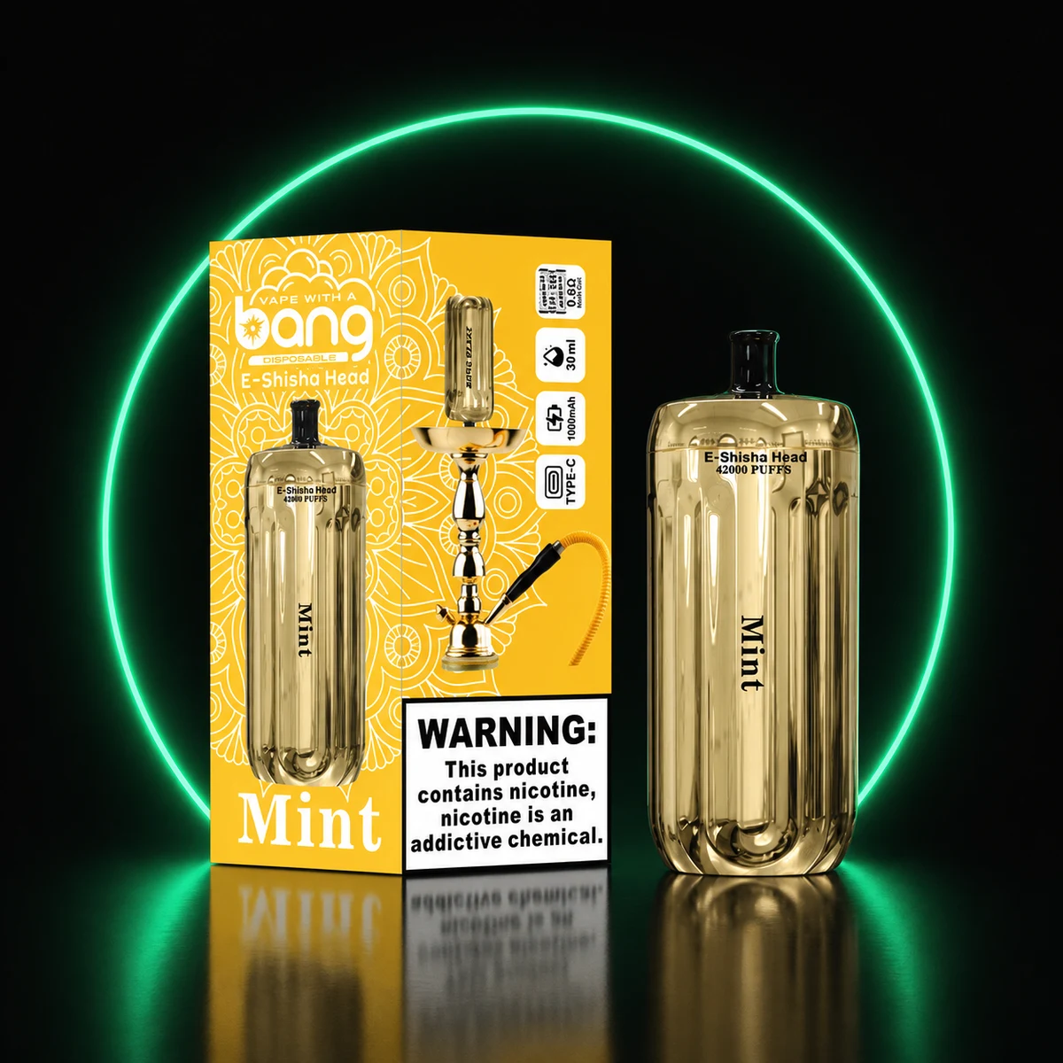 BANG E-Shisha Head 42000 Gold Minze mit Verpackung auf dunklem Hintergrund
