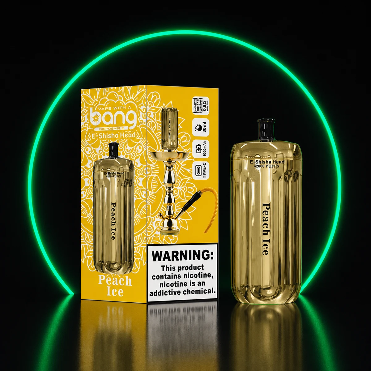 BANG E-Shisha Head 42000 Gold Pfirsich-Eis mit Verpackung auf dunklem Hintergrund