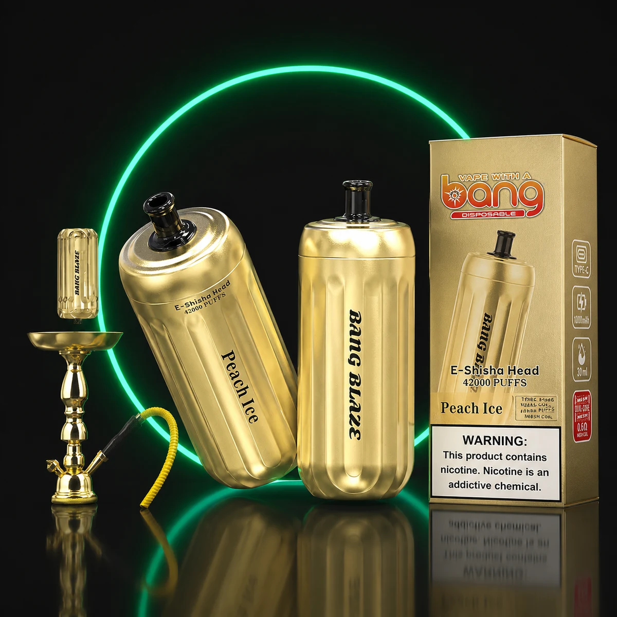 BANG E-Shisha Head 42000 Gold Pfirsich-Eis mit Verpackung und Shisha auf dunklem Hintergrund