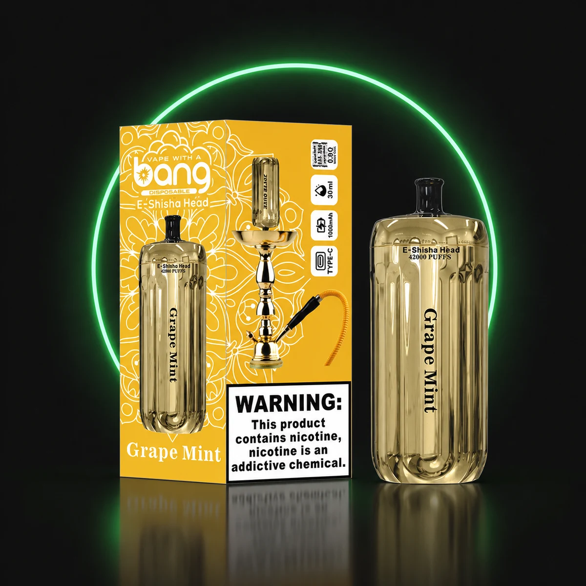 BANG E-Shisha Head 42000 Gold Traube-Minze mit Verpackung auf dunklem Hintergrund
