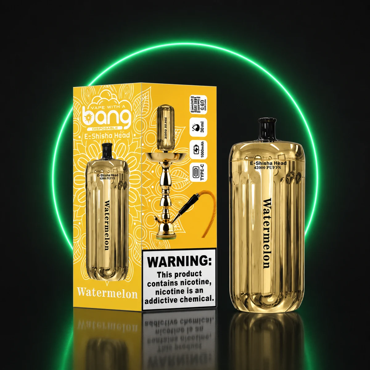 BANG E-Shisha Head 42000 Gold Wassermelone mit Verpackung auf dunklem Hintergrund