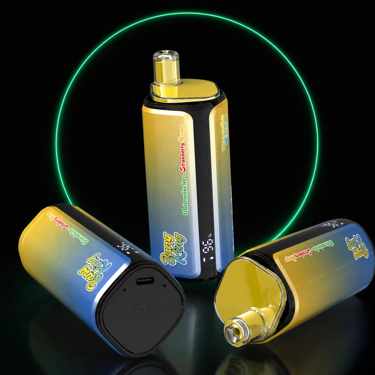 Gold-blaue Bang King 250000 4in1 Einweg Vapes auf dunklem Hintergrund
