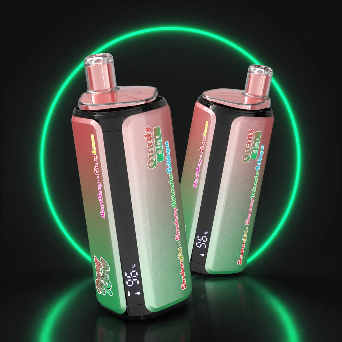Zwei grün-rosa Bang King 250000 4in1 Einweg Vapes auf dunklem Hintergrund