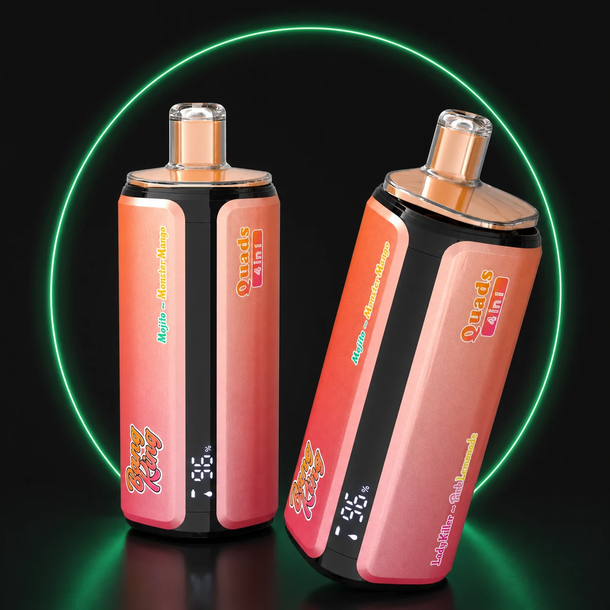 Zwei orange-rosa Bang King 250000 4in1 Einweg Vapes auf dunklem Hintergrund