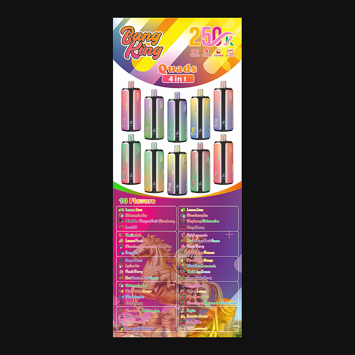 Bang King 250000 4in1 – Einweg Vape Produktansicht 10 auf dunklem Hintergrund