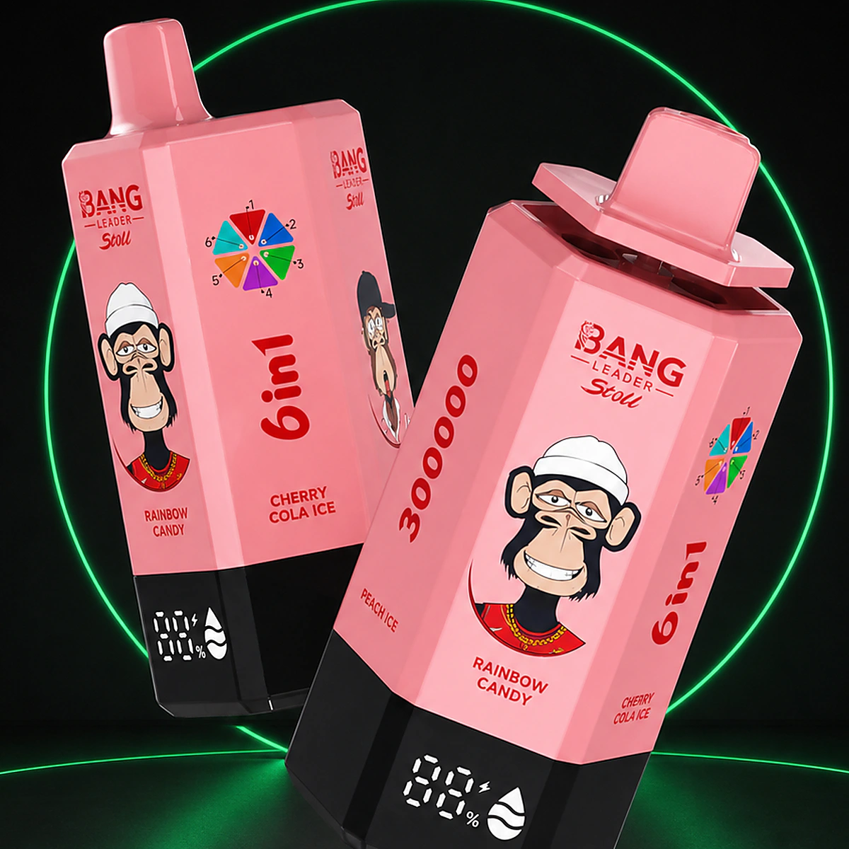 Bang Leader Stoll 300000 – 6in1 – Einweg Vape Produktansicht 3 auf dunklem Hintergrund