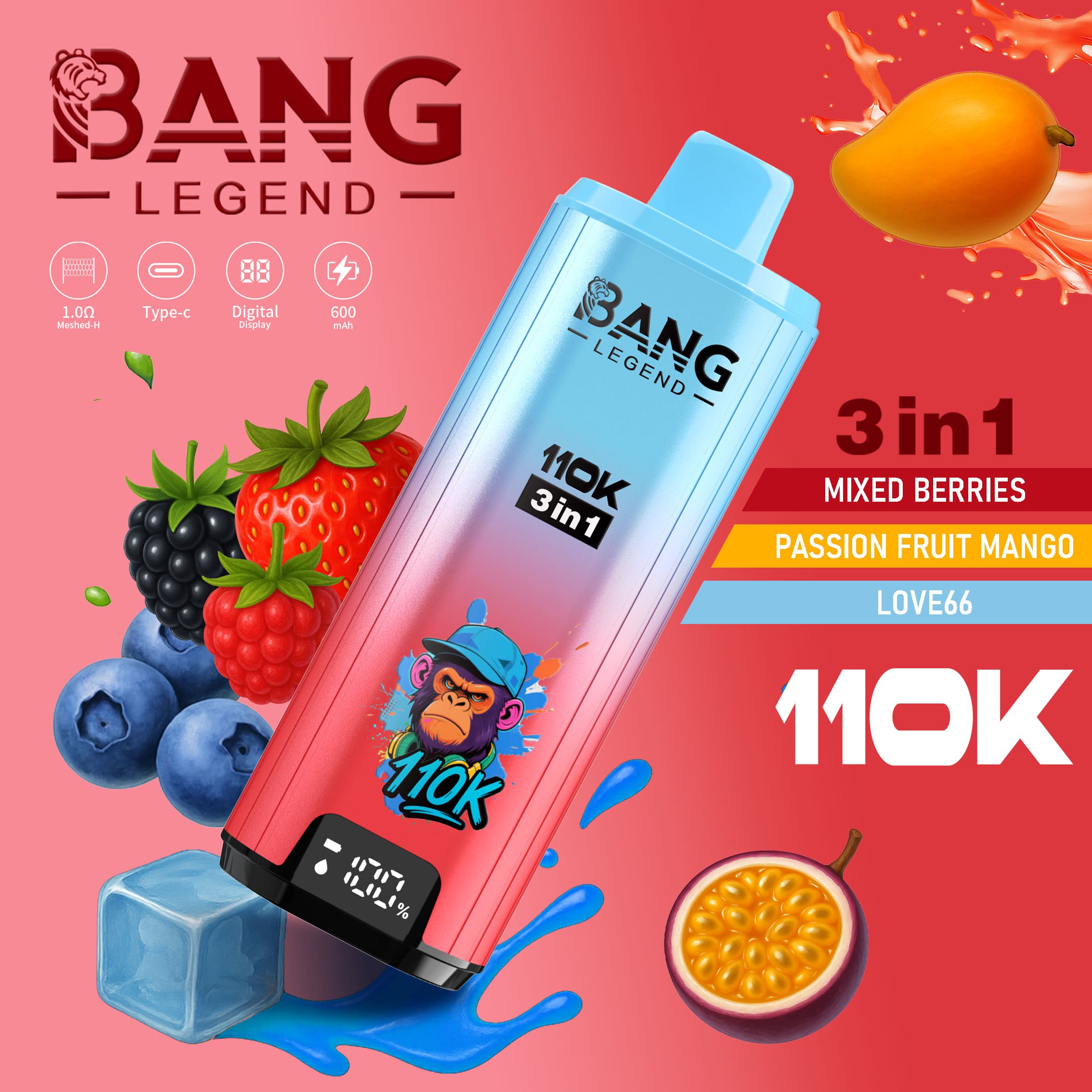 Bang Legend 110000 3in1 Einweg Vape mit Display und drei Aromen