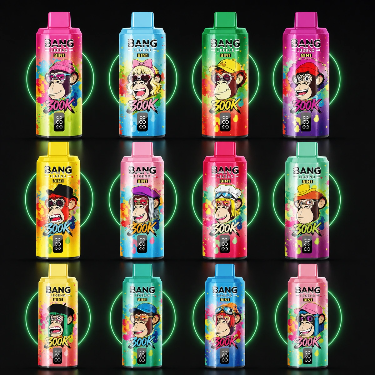 Zwölf Bang Legend Geek 300000 8in1 Einweg Vapes auf dunklem Hintergrund