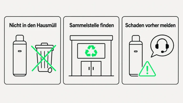 Drei Schritte zur richtigen Vape-Entsorgung: nicht in den Hausmüll, Sammelstelle finden und Schäden vorher melden