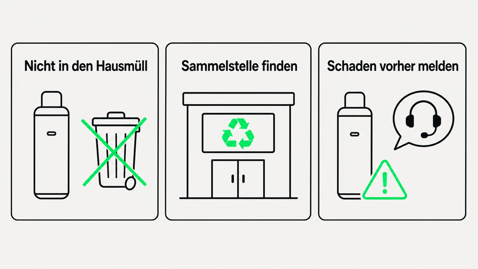 Drei Schritte zur richtigen Vape-Entsorgung: nicht in den Hausmüll, Sammelstelle finden und Schäden vorher melden