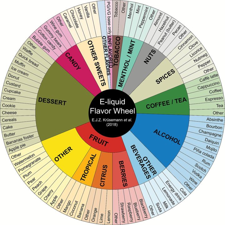 Wissenschaftliches E-Liquid Flavor Wheel mit 13 Hauptkategorien und 90 Unterkategorien