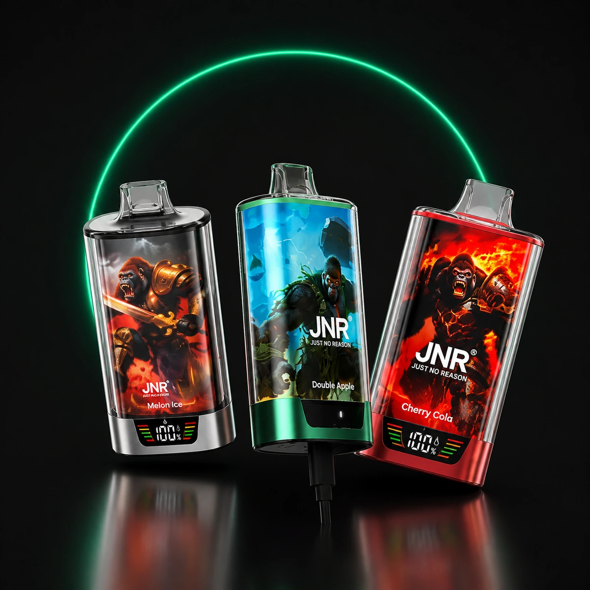 Drei JNR Rage Gorilla 55000 Einweg Vapes auf dunklem Hintergrund