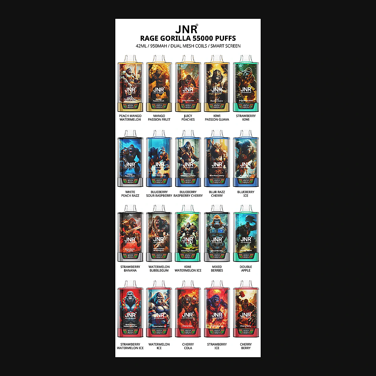 JNR Rage Gorilla 55000 – Einweg Vape Produktansicht 9 auf dunklem Hintergrund