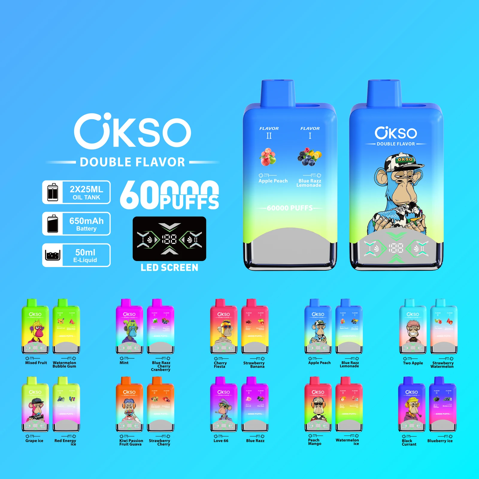 OKSO 2in1 60000 Einweg Vape mit Übersicht der verfügbaren Geschmackskombinationen